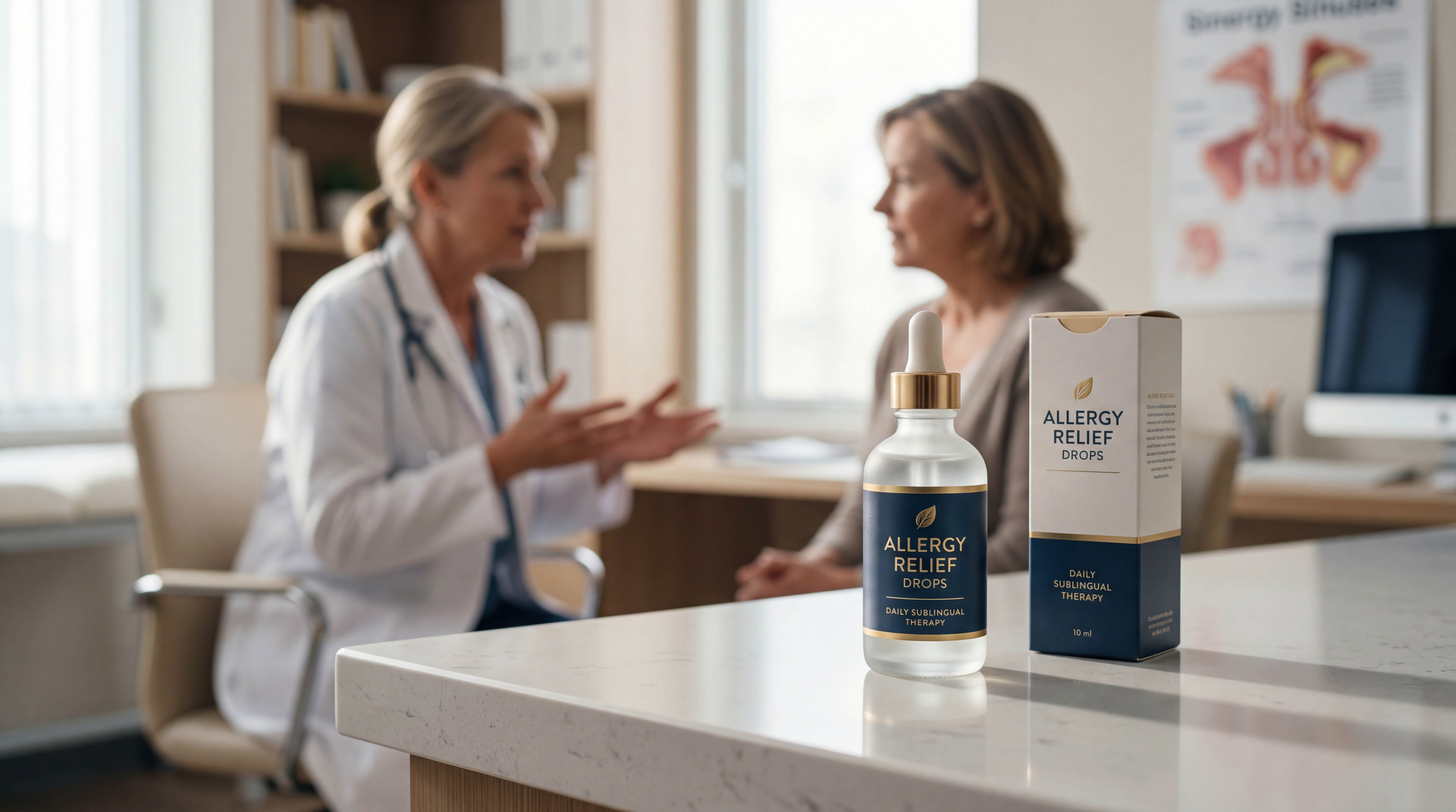 Allergy Relief Drops and box on a counter, with a doctor and patient talking in the background.