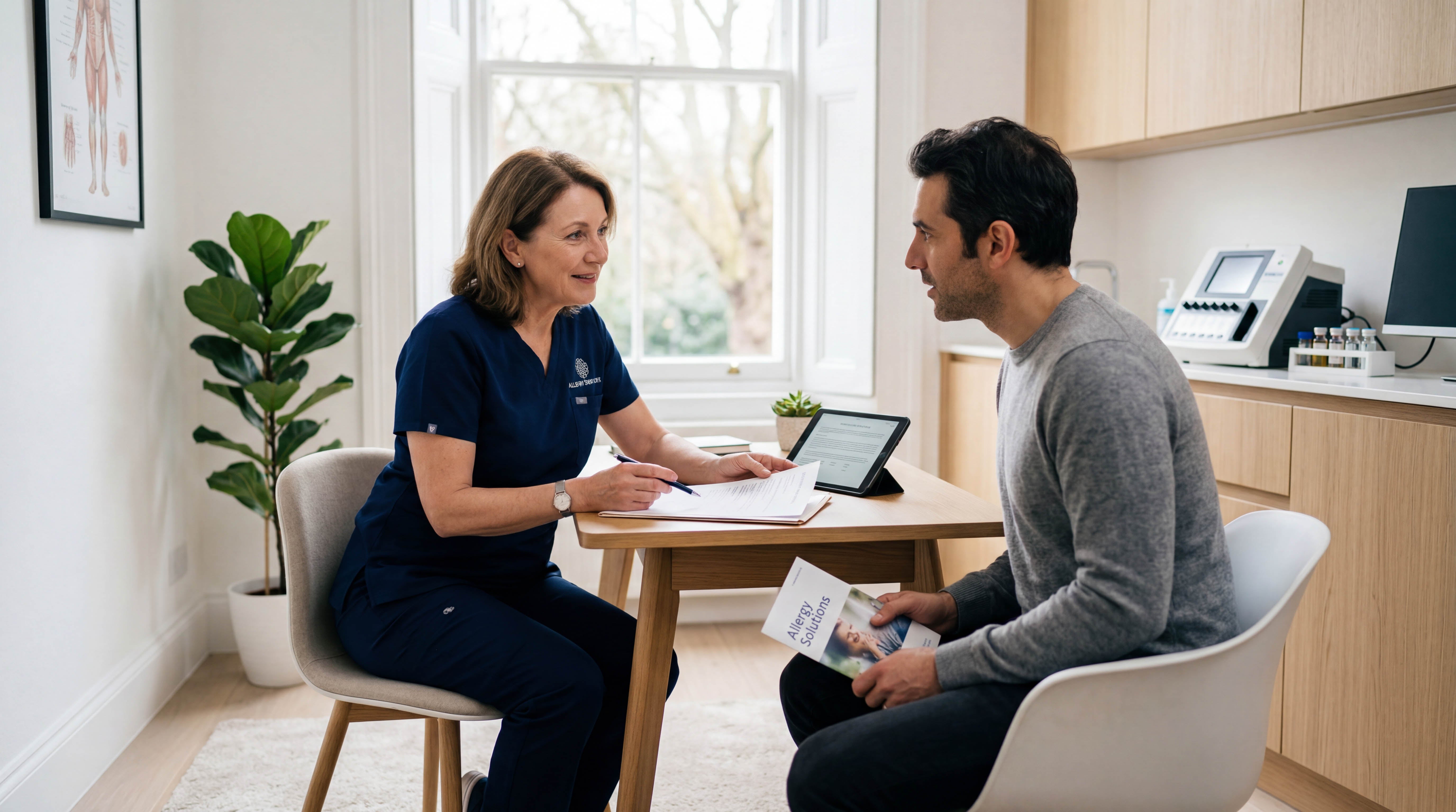 A female doctor in scrubs consults with a male patient across a table, both looking at each other, in a bright office.