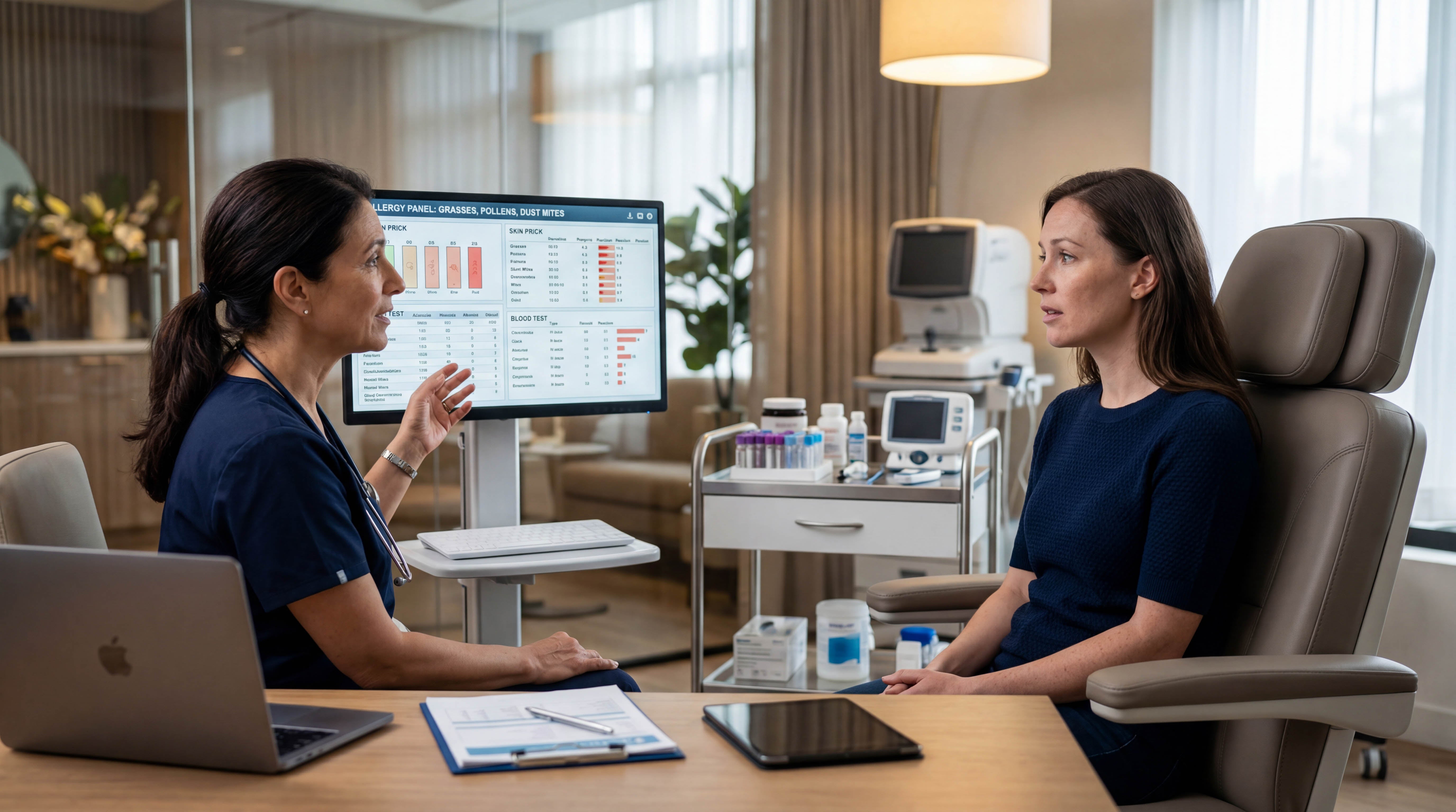 A doctor in scrubs explains allergy test results on a large monitor to a seated patient.