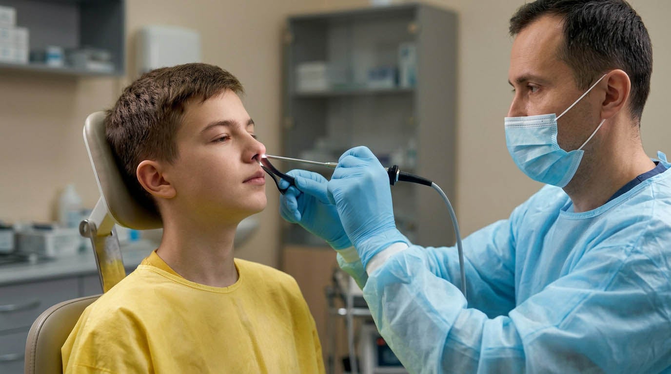A doctor wearing gloves and a mask examines a young boy's ear with an otoscope.