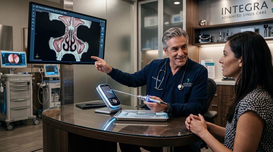 A doctor gestures toward a 3D sinus scan displayed on a screen while speaking with a patient.