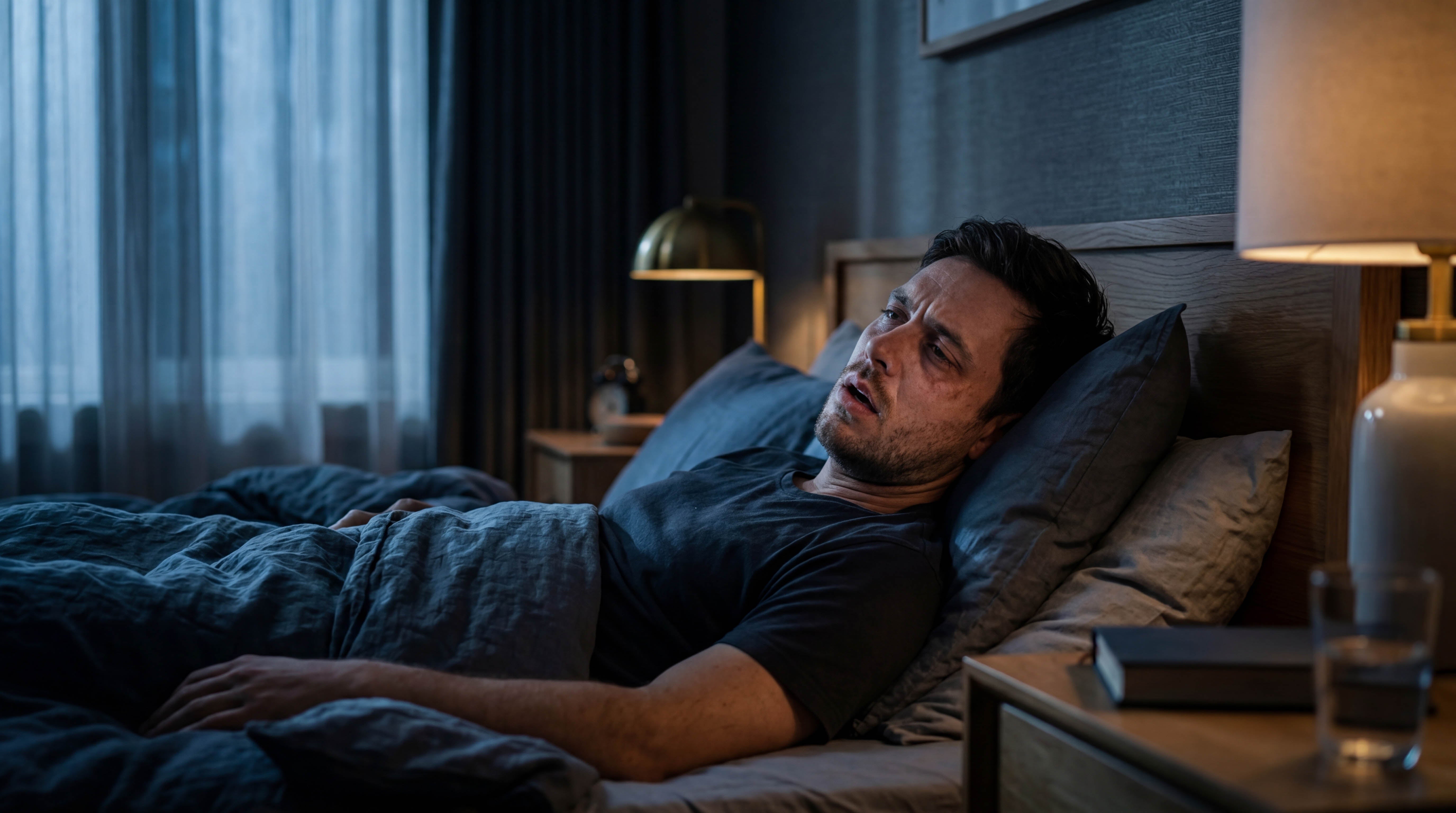 A restless man with dark circles under his eyes lies awake in bed, illuminated by a warm bedside lamp.