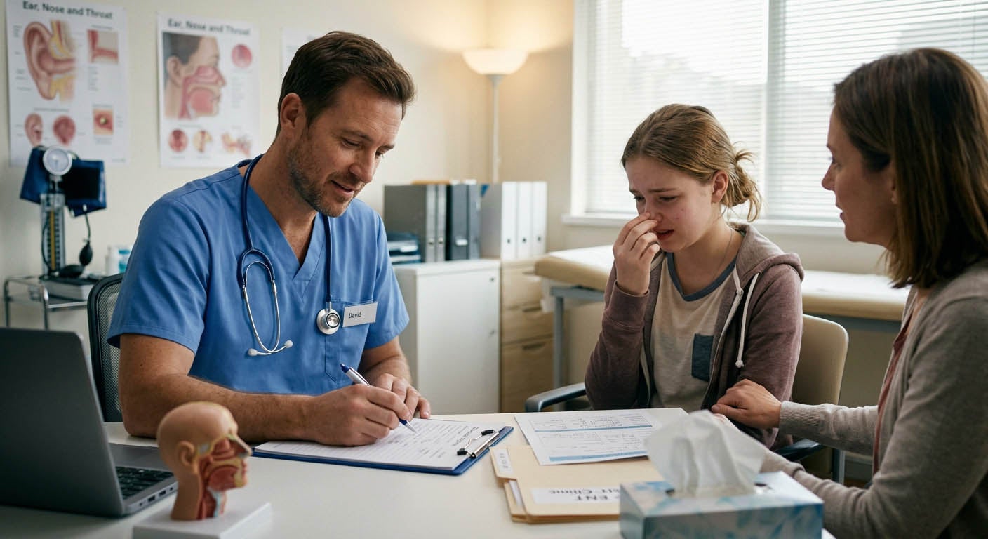 A male doctor writing notes while a distressed young girl, holding her nose, sits with her mother in a clinic.