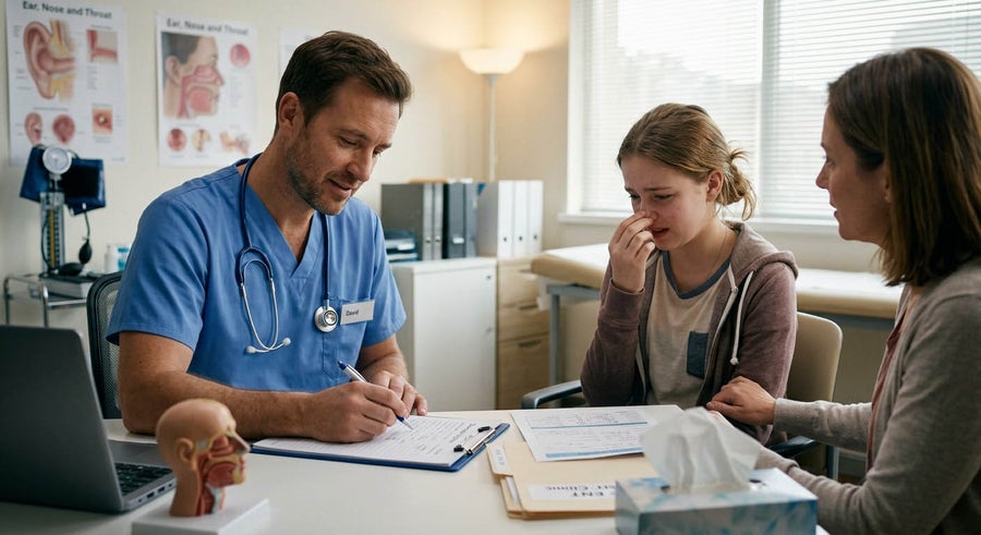 A doctor is writing notes while a distressed young girl, with her mother comforting her, sits across from him in an exam room.