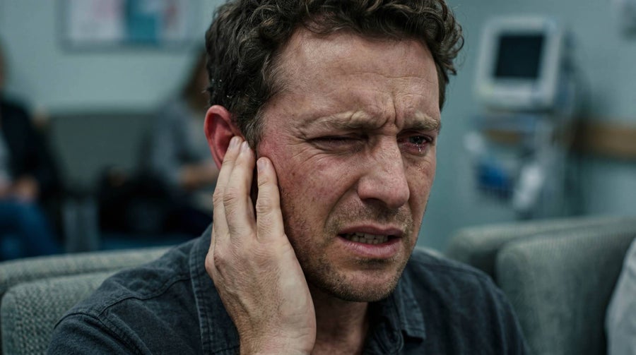 A man with a distressed expression touches his ear and appears to be crying.