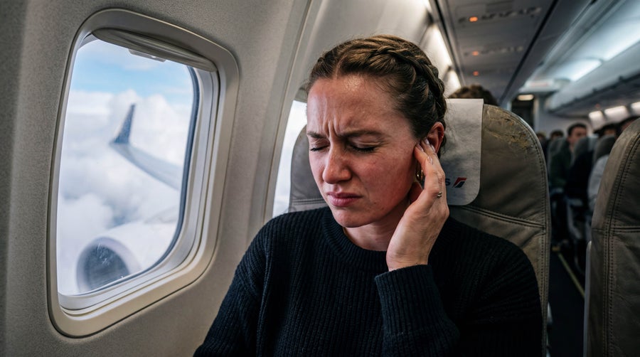 A woman winces and presses a tissue to her ear while seated on an airplane.