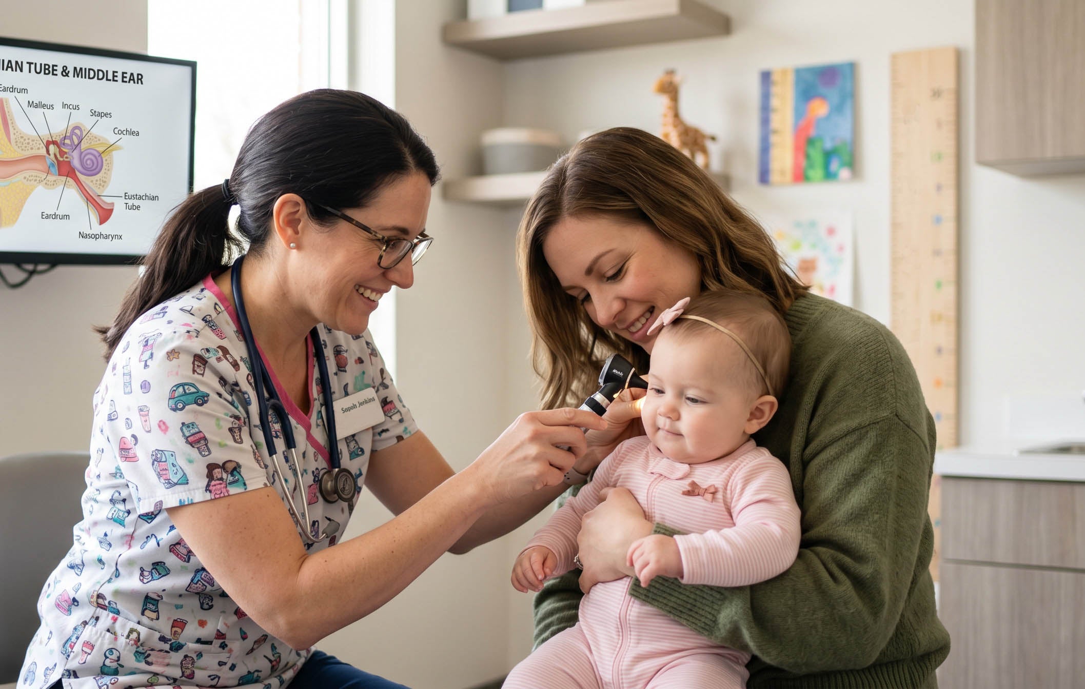 A smiling doctor examines a baby's ear with an otoscope while the baby sits on its mother's lap.