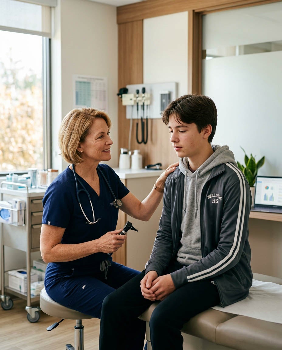 A friendly female nurse with a stethoscope examines a teenage boy in a medical office.