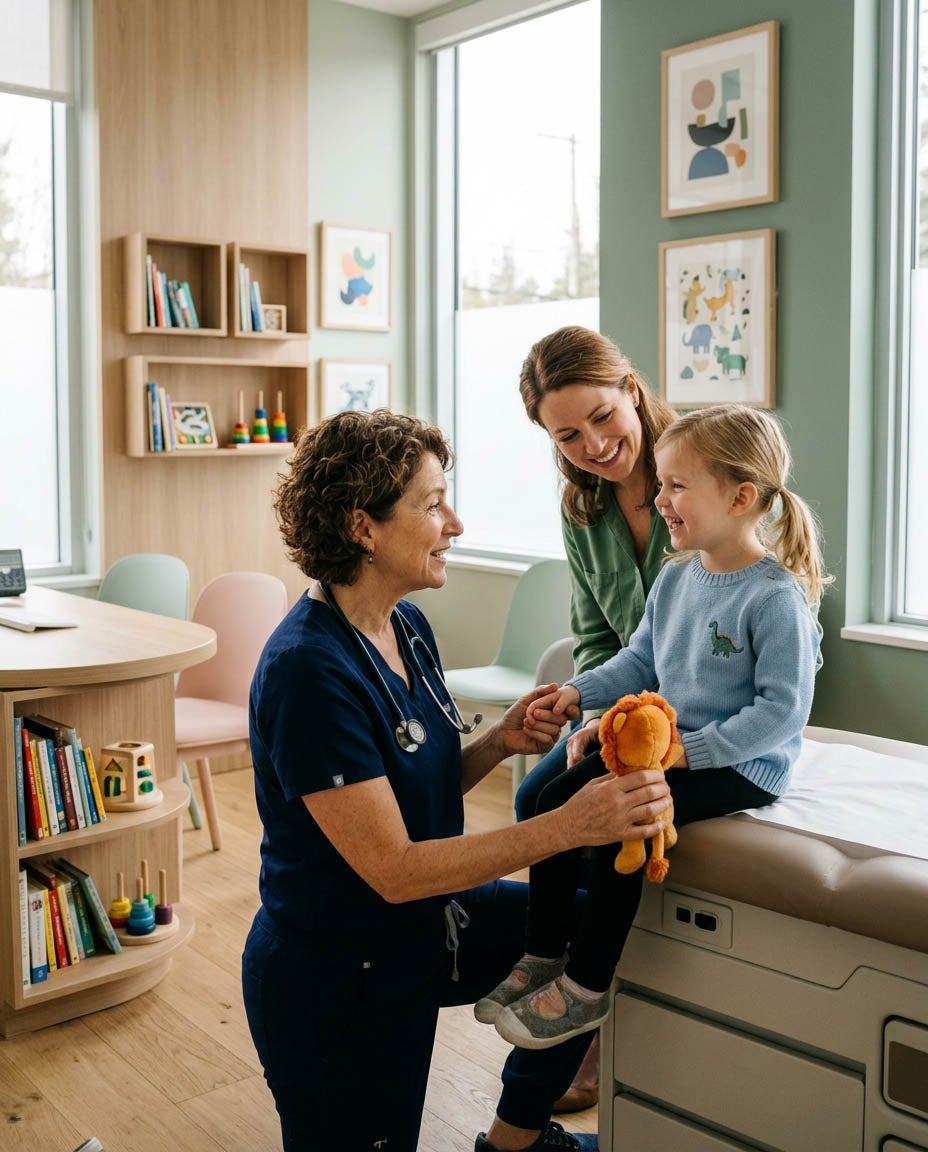 A smiling doctor examines a young girl on an examination table in a brightly lit clinic.