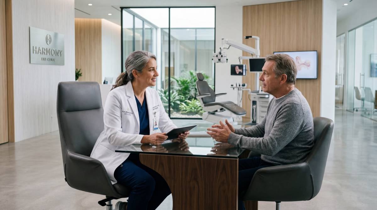 A woman in a white coat consults with a man seated across a table in a modern clinic.