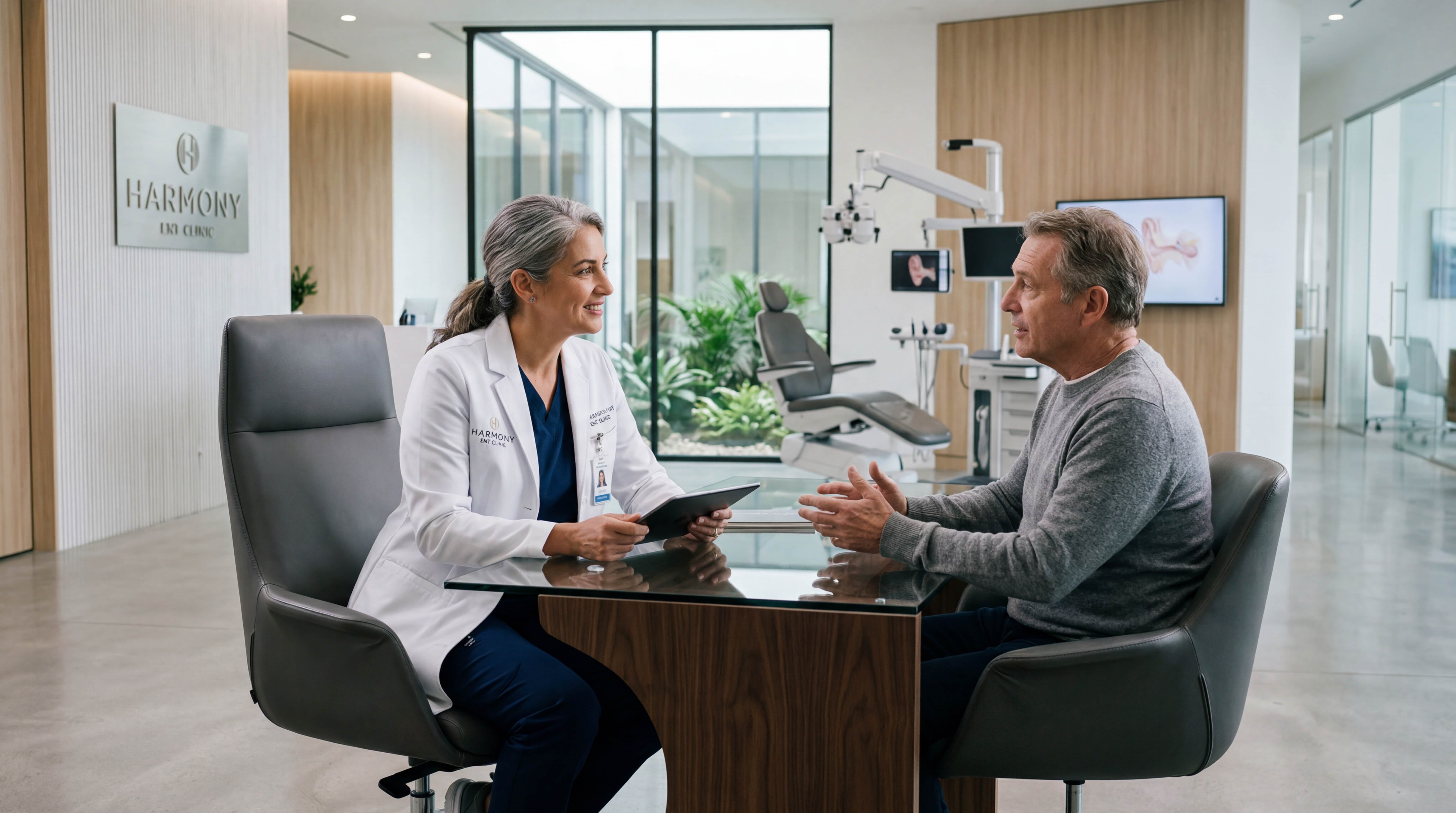 A female doctor in a white coat with a tablet smiling at a male patient across a table in a modern clinic.