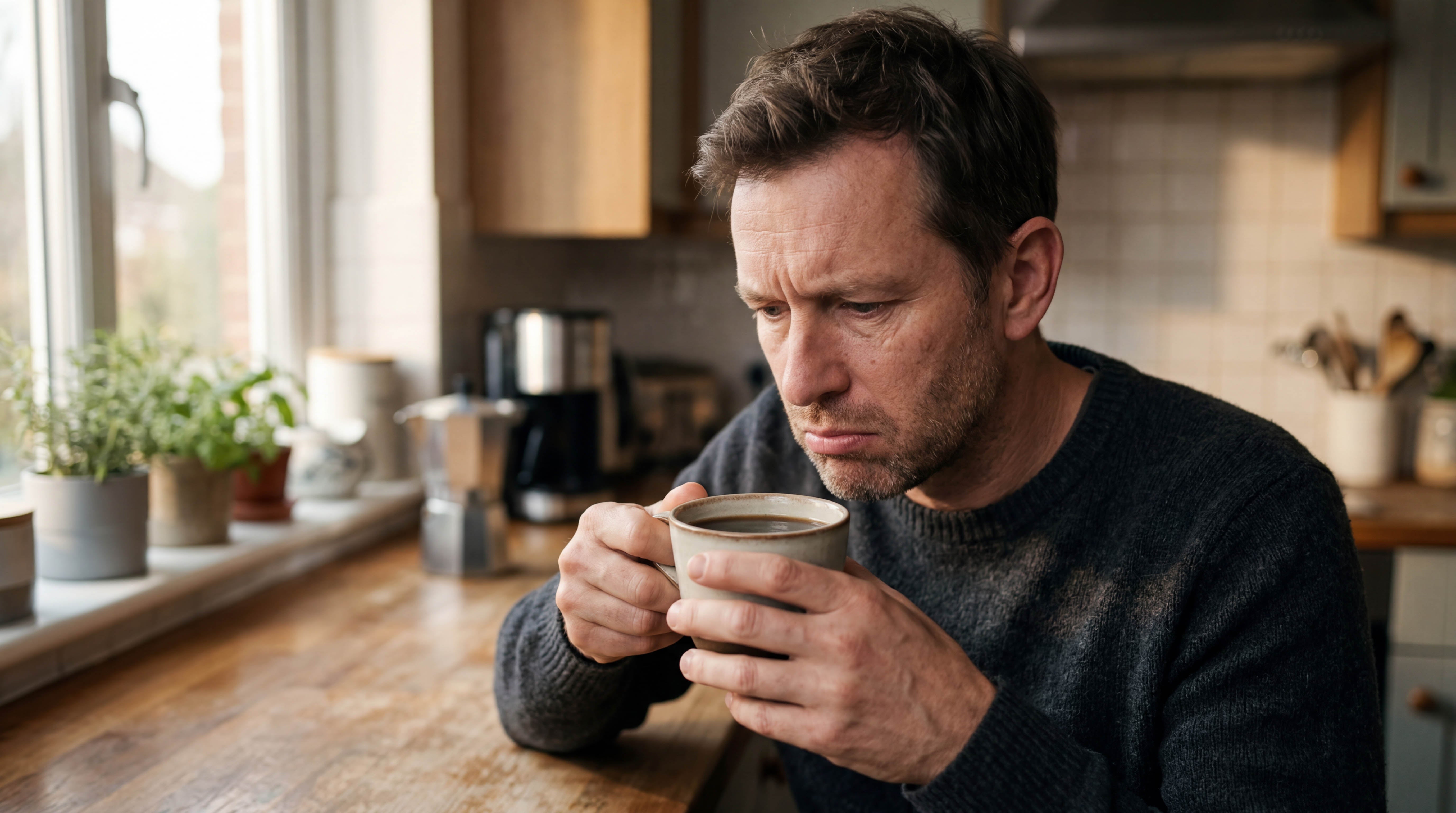 A man with short hair holds a mug and gazes downward while seated near a window.