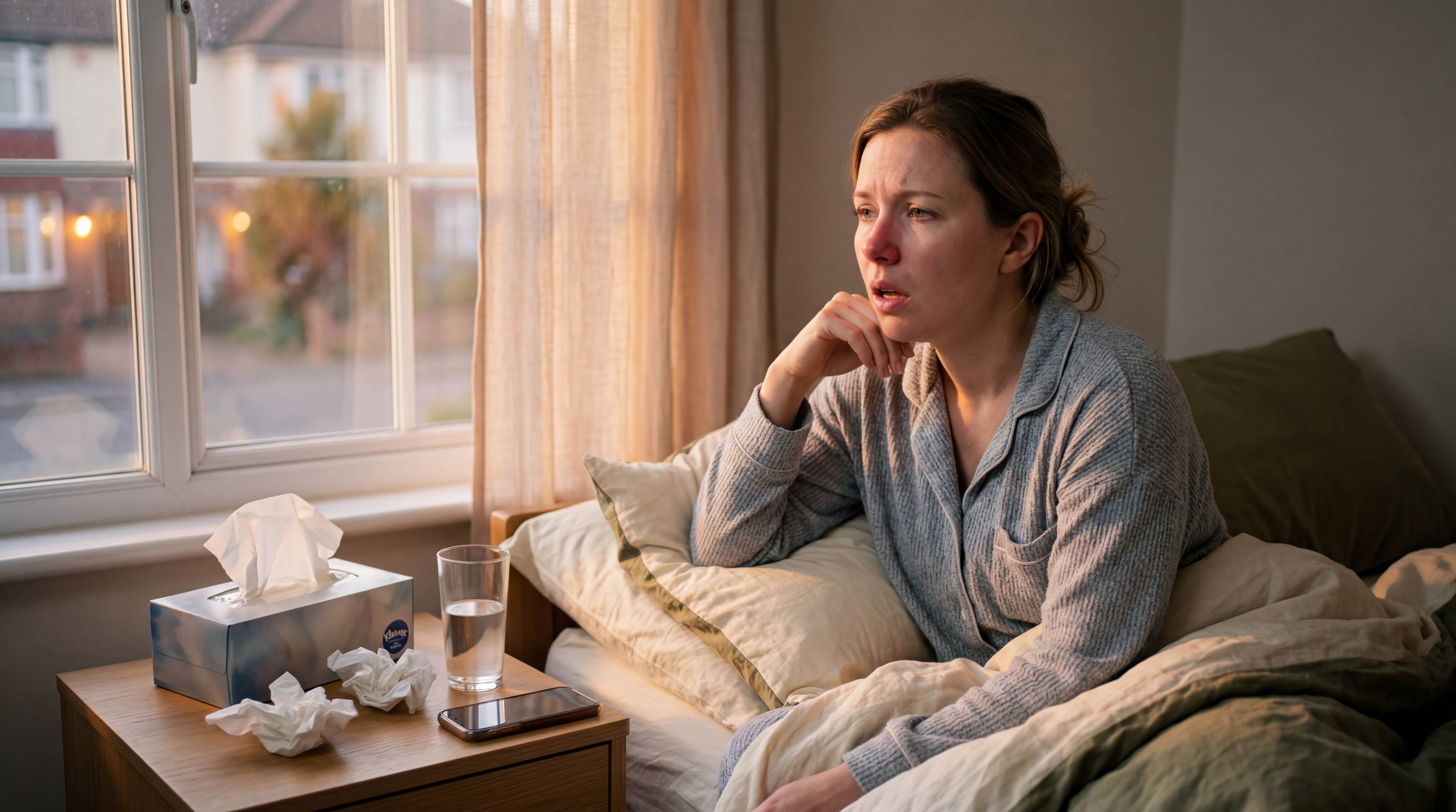 A sick woman with a red nose, in pajamas, sits up in bed staring out a window. Tissues, a phone, and water are on a nightstand.