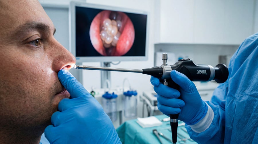 A medical professional examines a patient's ear canal with an endoscope and monitor in an operating room.