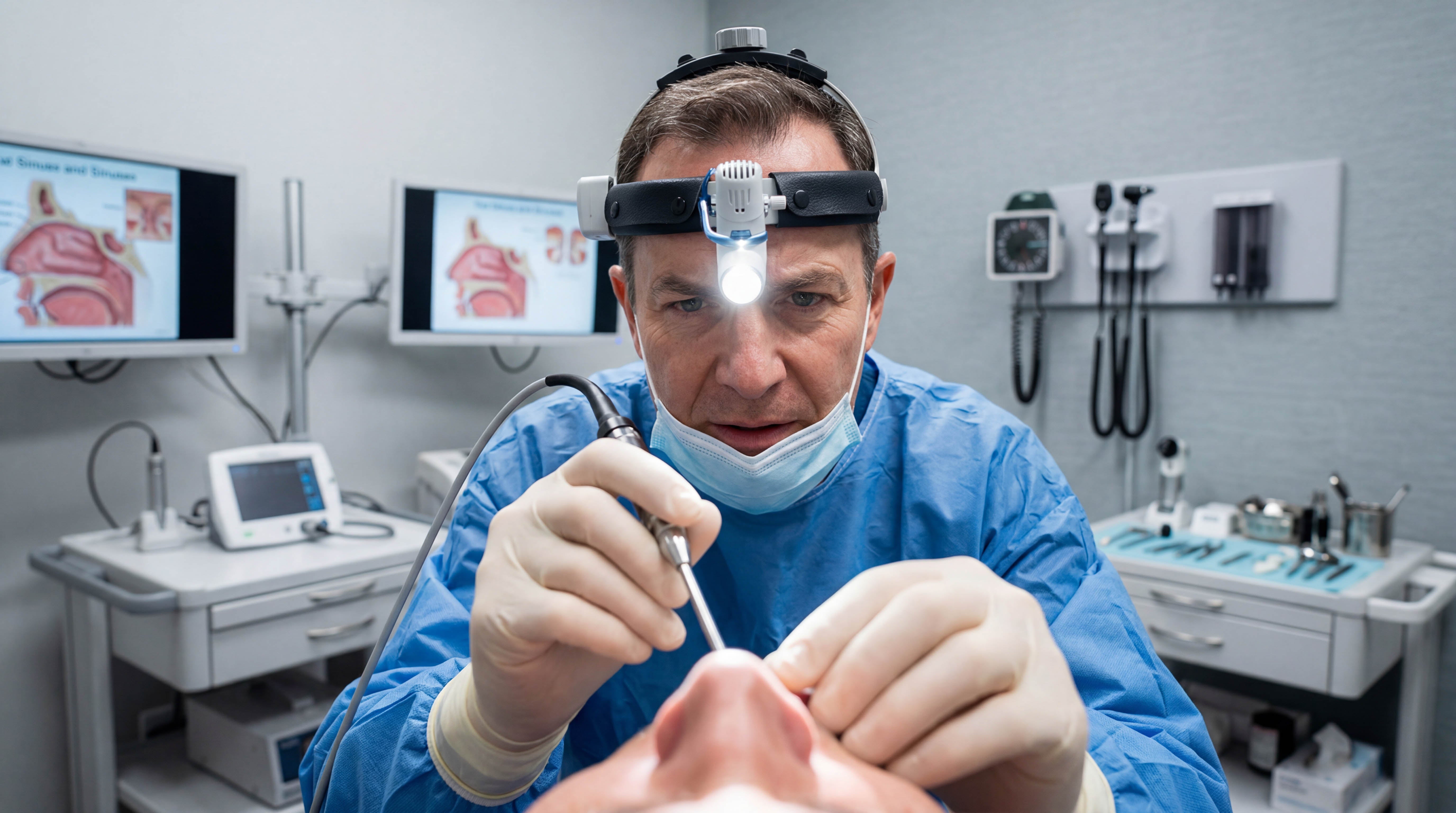 An ENT doctor in scrubs and a headlamp performs a nasal endoscopy on a patient.