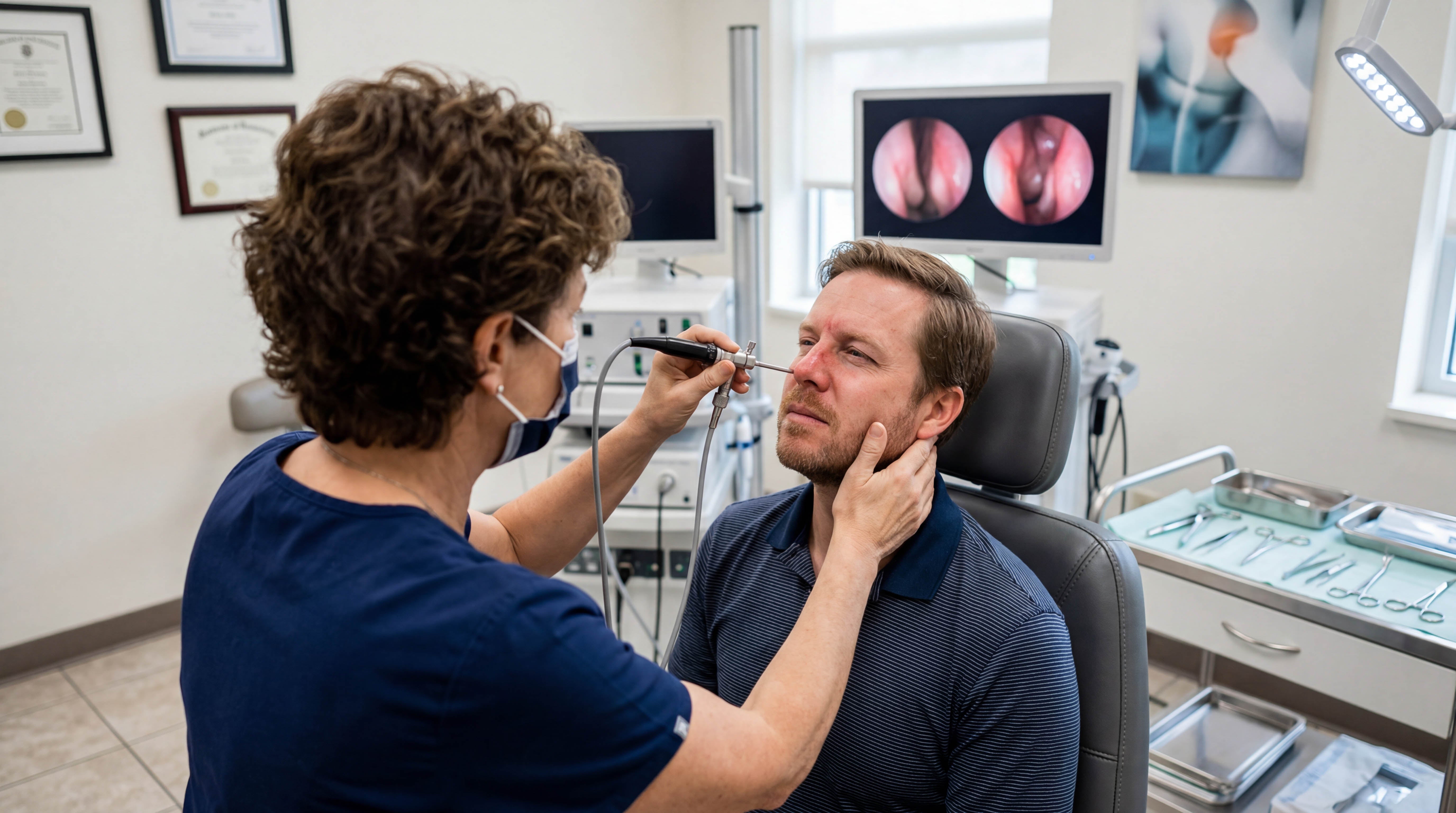 A doctor examines a patient's nasal passage with an endoscopic device in a medical office.