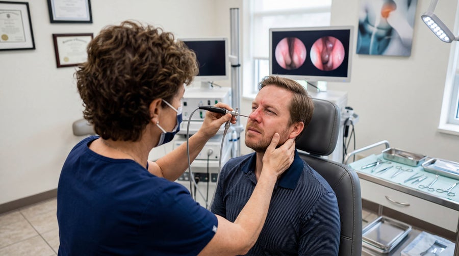 A healthcare professional examines a patient’s nasal passages with an endoscope in a medical office.