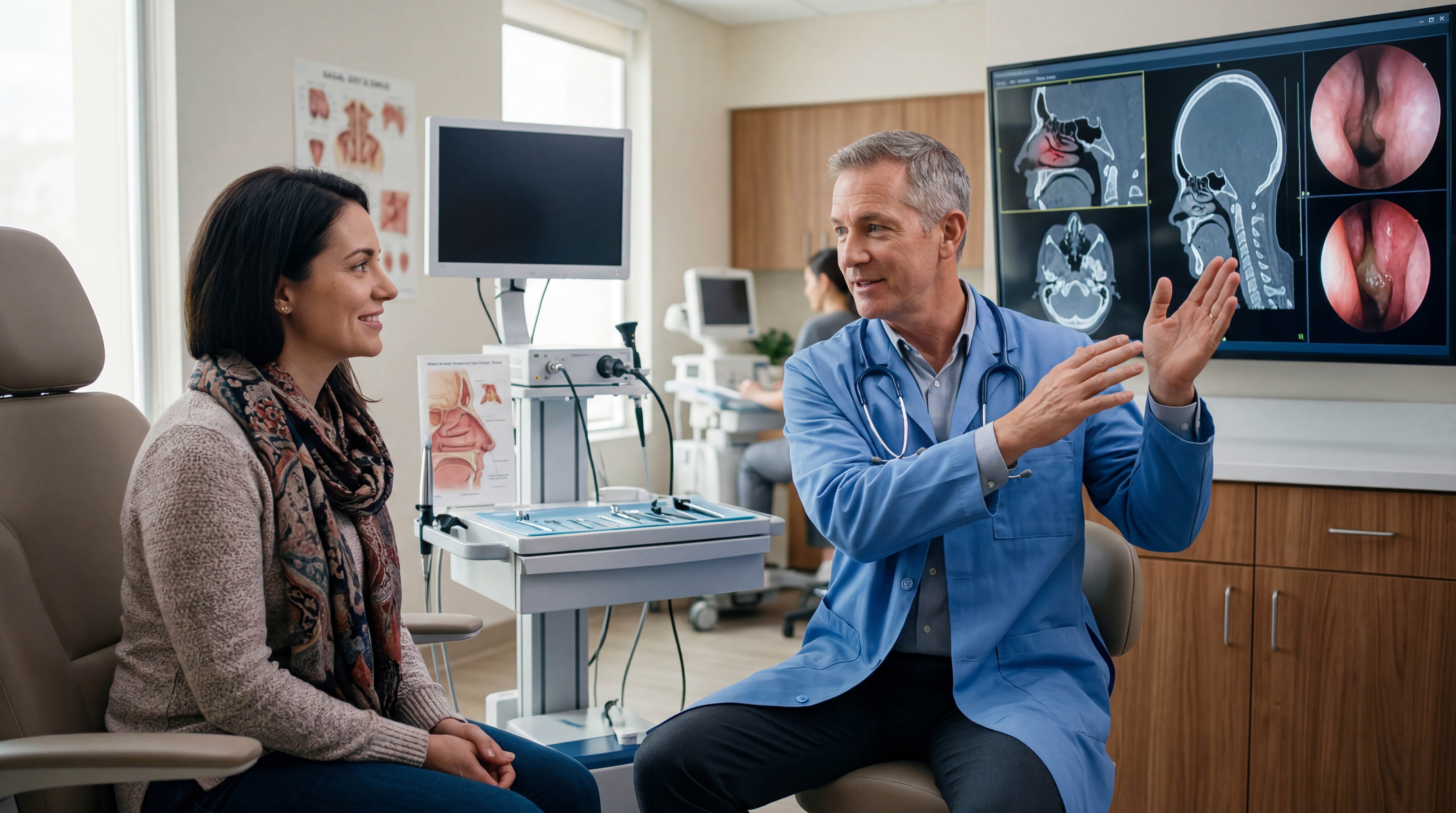 A male doctor in scrubs talks to a female patient about a monitor showing scans and endoscopic views of nasal passages.