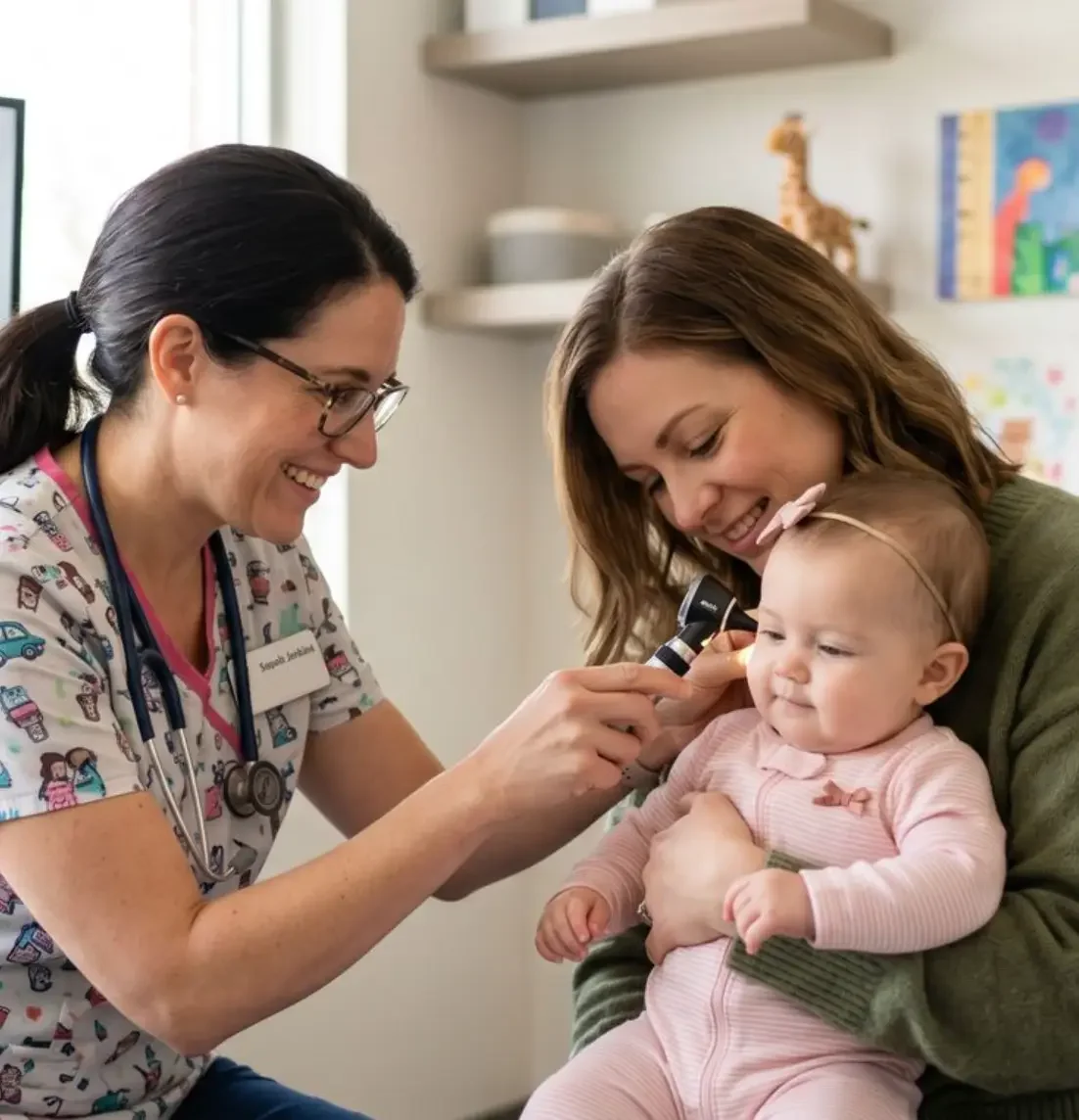 A baby being examinedc by a doctor
