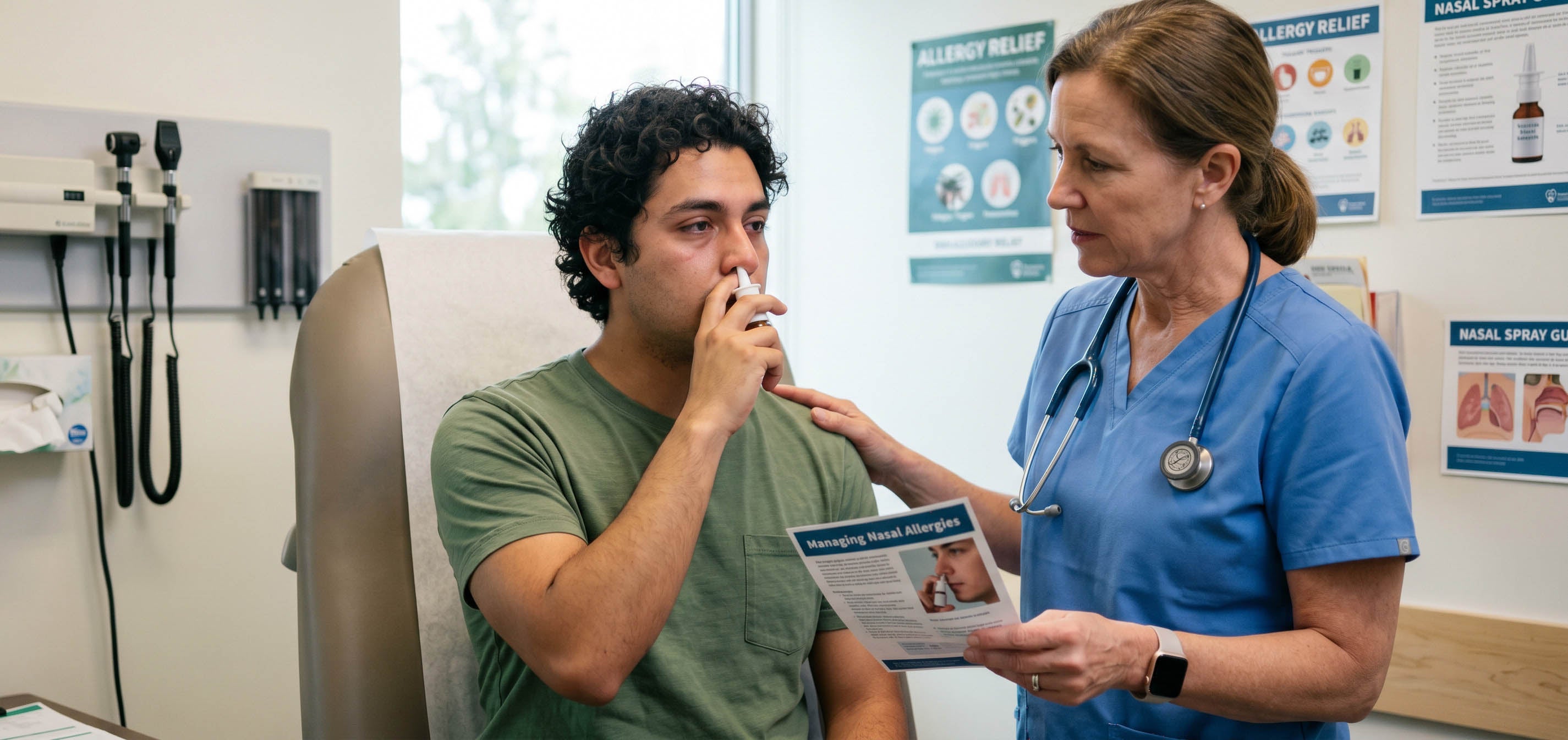 A male patient in an exam room using a nasal spray while a female nurse explains