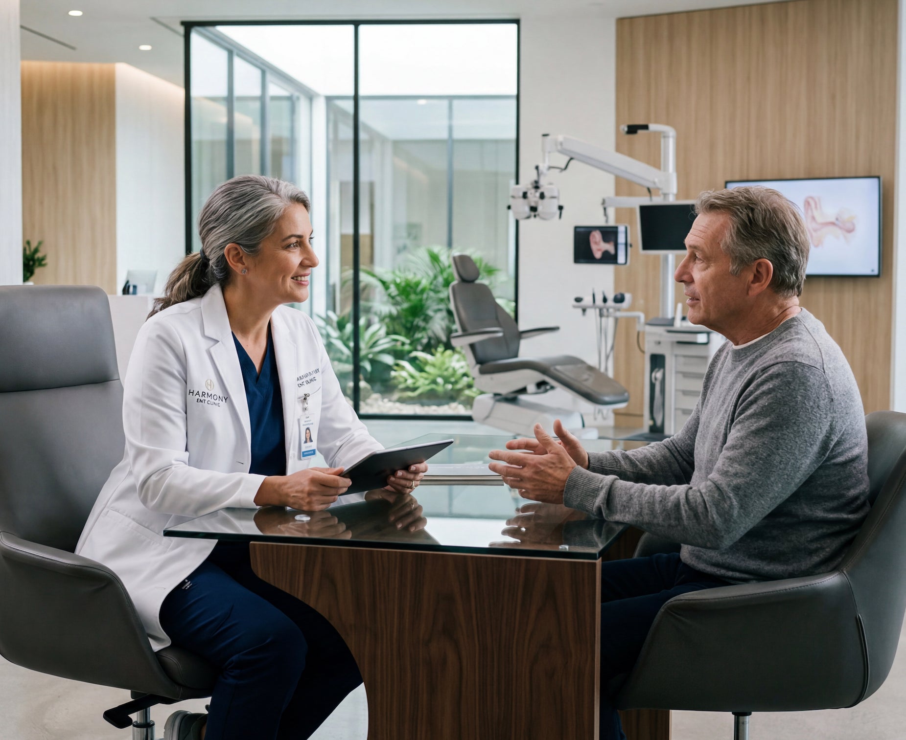 Patient receiving sinus care guidance from a medical professional.