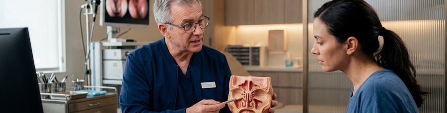 A healthcare professional examines a patient’s nasal passages with an endoscope in a medical office.