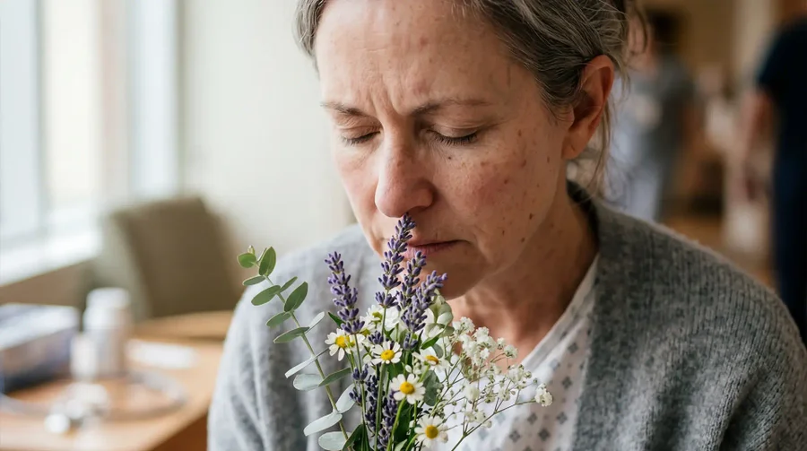 A woman with her eyes closed gently inhales the fragrance of a small bouquet of wildflowers.