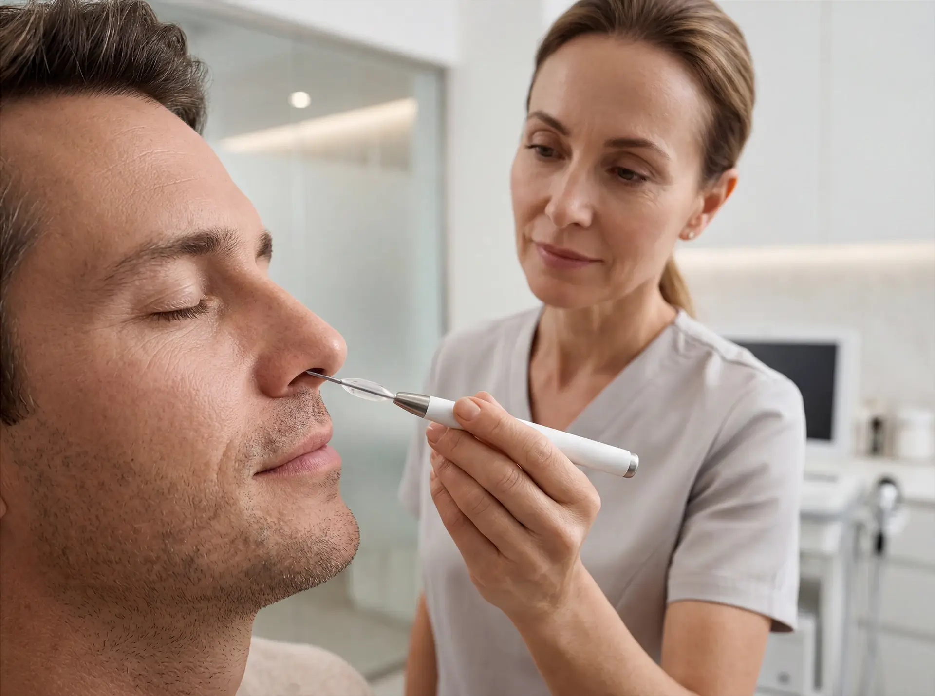 A female medical professional inserts a nasal aspirator into a male patient's nostril for a treatment.