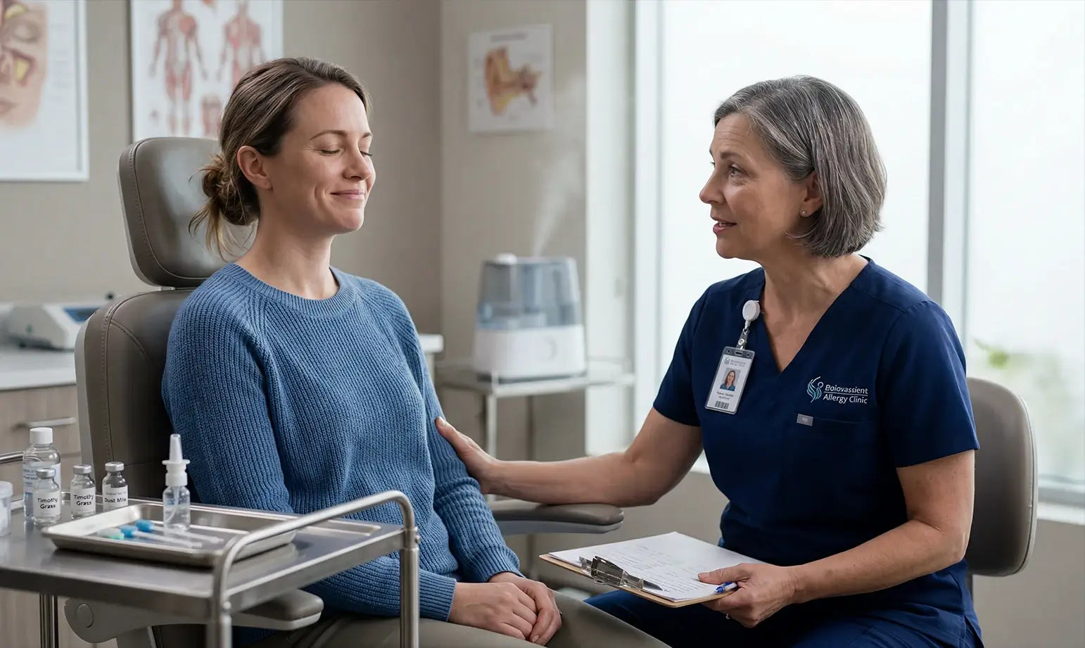 A healthcare worker examines a patient seated in a medical chair, both looking at a chart.