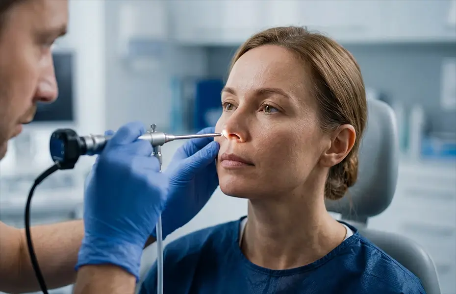Doctor reviewing a patient's sinus concerns during a consultation.